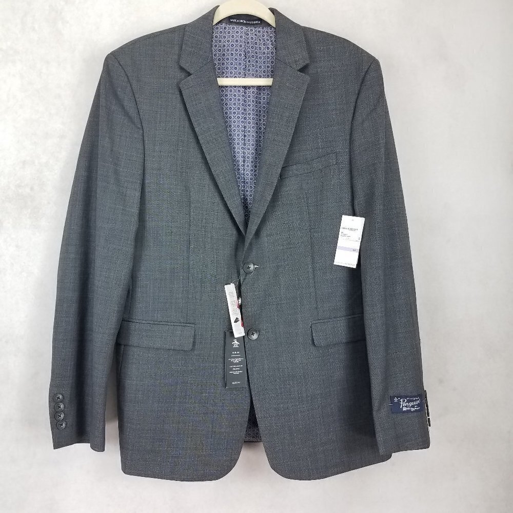 NWT Original Penguin Blazer Suit Jacket Wool Sport Coat Charcoal 42L Slim Long